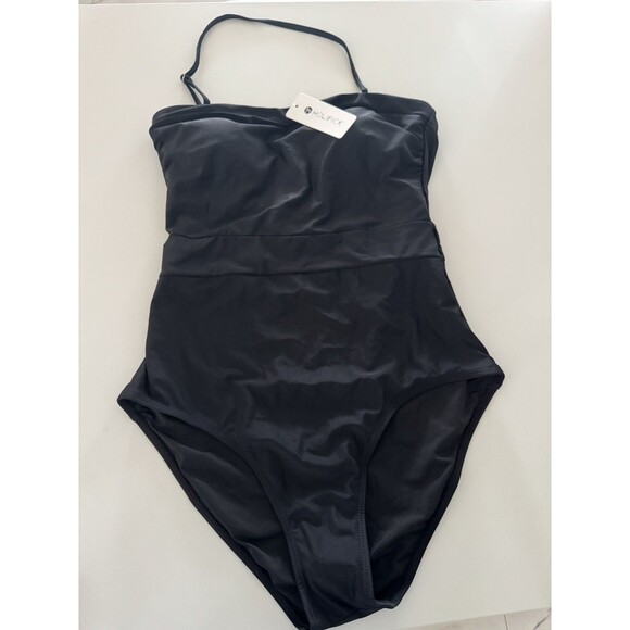 Women Black Bandeau One Piece Swimsuit Tummy Control Bathing Suit Halter size L - Picture 6 of 13